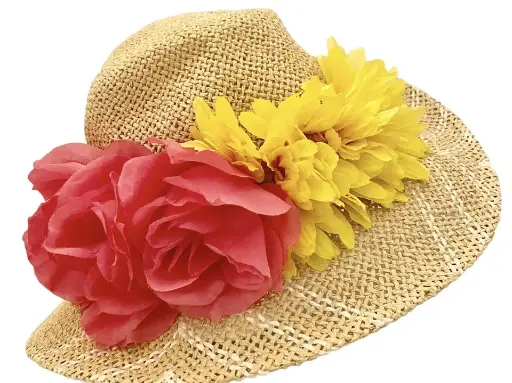 紙草帽，粉色黃色花朵